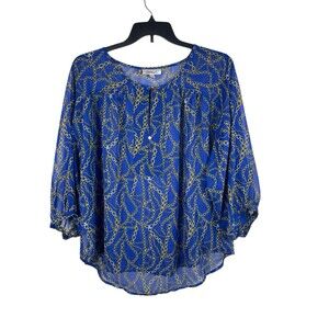 Jennifer Lopez 1X Sheer Blue Gold Chain Print Equestrian Nautical Mob Wife Top